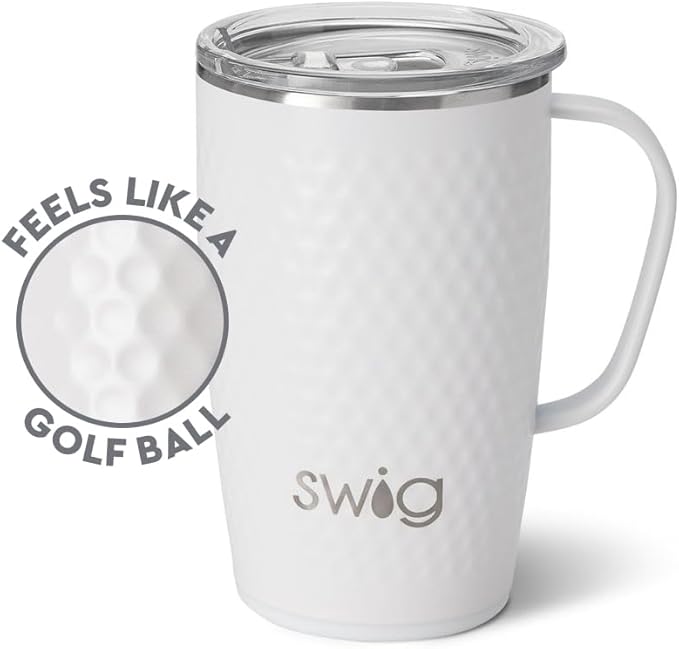 Swig Life 18oz Travel Mug, Insulated Tumbler with Handle and Lid, Cup Holder Friendly, Dishwasher Safe, Stainless Steel, Travel Coffee Cup (Golf Ball)