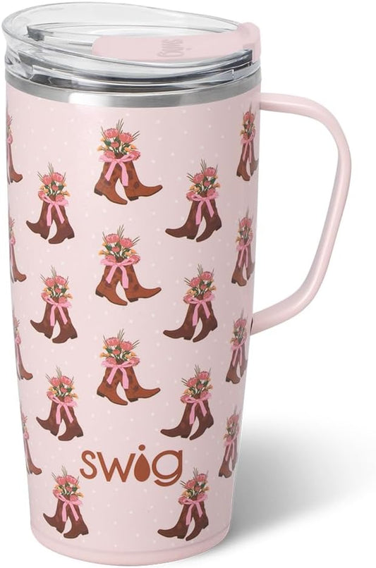Swig Life 22oz Travel Mug, Insulated Tumbler with Handle and Lid, Travel Coffee Mug, Cup Holder Friendly, Stainless Steel 22 oz Tumbler, Reusable Insulated with Lid (Cowgirl Coquette)