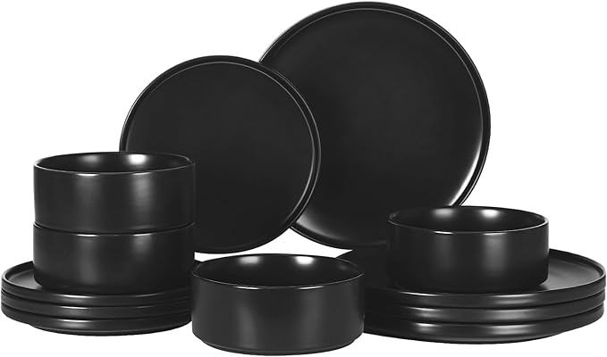 GZG Classic Series - Plates and Bowls Set for 4, 12 Piece Stoneware Dinnerware Sets, Microwave and Dishwasher Safe Lead-Free Handcrafted Ceramic Dishes Set - Matte Black