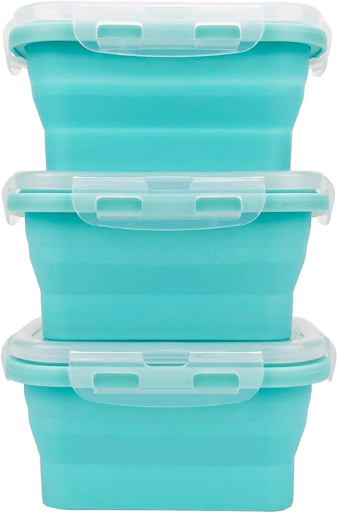 CCyanzi 3piece Collapsible Food Storage Containers with Lids, Silicone Lunch Container, Microwave & Freezer Safe, Space Saving for Kitchen Cabinet and Camping Backpack,(blue)