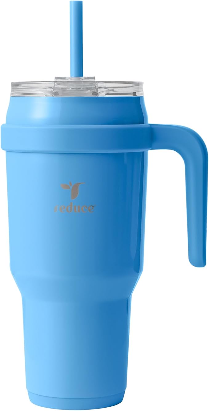 REDUCE Cold1 40 oz Tumbler with Handle - Vacuum Insulated Stainless Steel Water Bottle for Home, Office or Car, Reusable Mug with Straw or Leakproof Flip Lid, Keeps Drinks Cold All Day- Oahu Blue