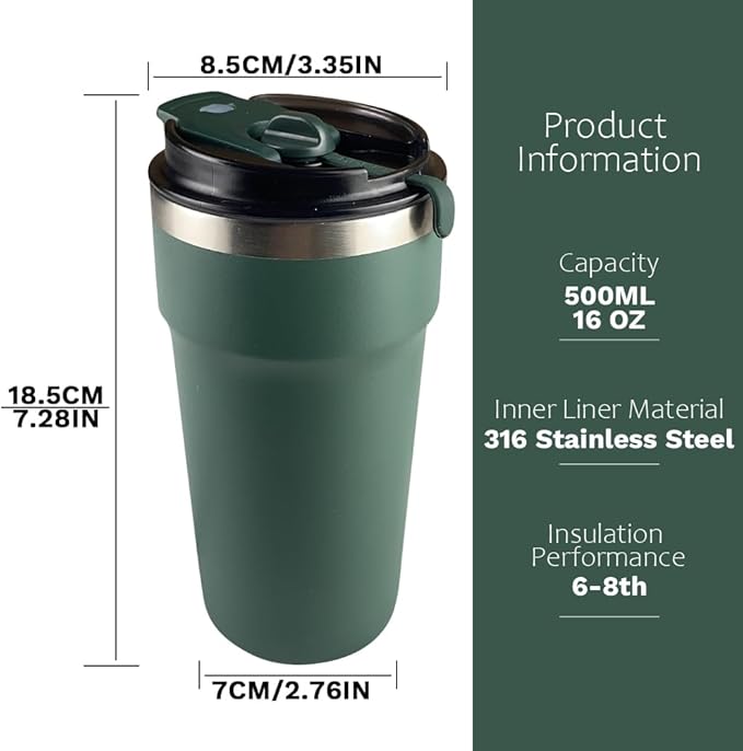 Travel coffee mugs leak-proof, reusable coffee cups with lids, stainless steel vacuum thermos coffe tumblers,thermal insulation cups for men and women hot & cold drinks (4th-Green, 16OZ)
