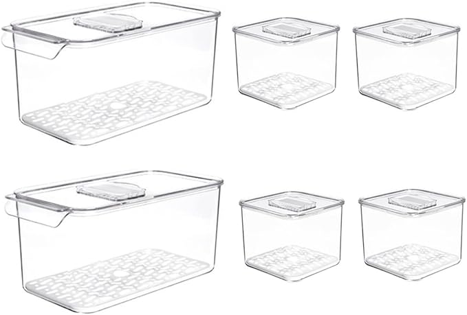 SANNO Produce Saver Containers for Refrigerator - Stackable Kitchen Organizer Keeper Bin, with Removable Drain Tray, Set of 6