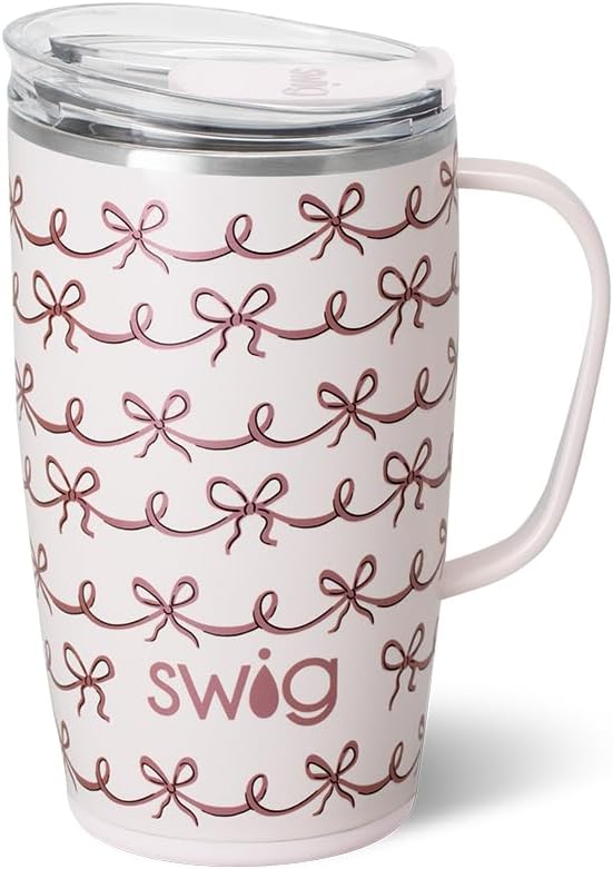 Swig Life 18oz Travel Mug, Insulated Tumbler with Handle and Lid, Travel Coffee Mug, Cup Holder Friendly, Stainless Steel 18 oz Tumbler, Reusable Insulated with Lid (Pretty in Pink)
