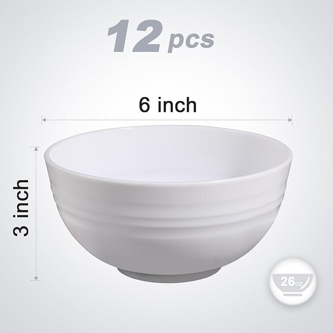 12 Pcs Unbreakable Cereal Bowls Set, 26 Oz Wheat Straw Bowls Set, Microwave & Dishwasher Safe Bowls for Kitchen, Reusable Plastic Bowls for Soup, Salad and Snack, BPA Free, White