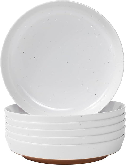 Webbylee 8.25" Melamine Deep Plates Set of 6-28oz Melamine Large Salad Bows，Serving Bowls for Cereal, Fruit, Soup，Deep Enough for Kitchen and Dining White/Brown