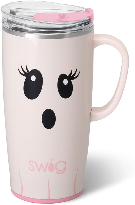 Swig Life 22oz Travel Mug, Halloween Insulated Tumbler with Handle and Lid, Travel Coffee Mug, Cup Holder Friendly, Stainless Steel 22 oz Tumbler, Reusable Insulated with Lid (Boo Crew Ghost)