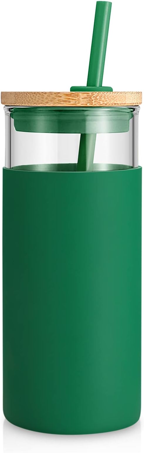 Tronco 20 oz Glass Tumbler with Lid and Straw, Iced Coffee Cup and Smoothie Cup with Bamboo Lids & Protective Silicone Sleeve, Dishwasher Safe, BPA-Free, Glass Cup 1 Pack