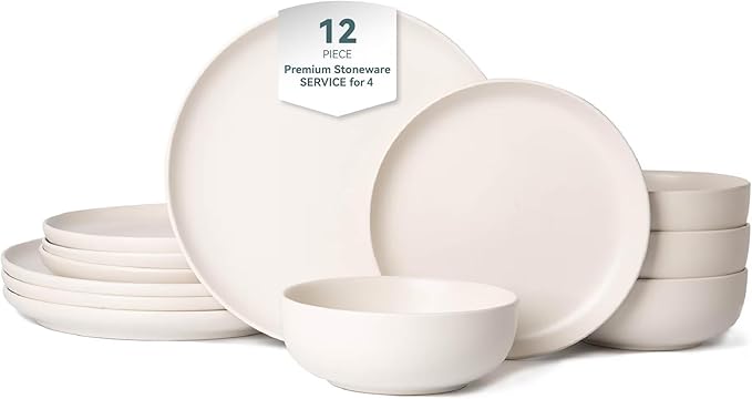12-Piece Matte White Dinnerware Set,Stoneware Dinnerware for 4, Microwave & Dishwasher Safe, Stackable Design for Kitchen and Dining - Plates and Bowls