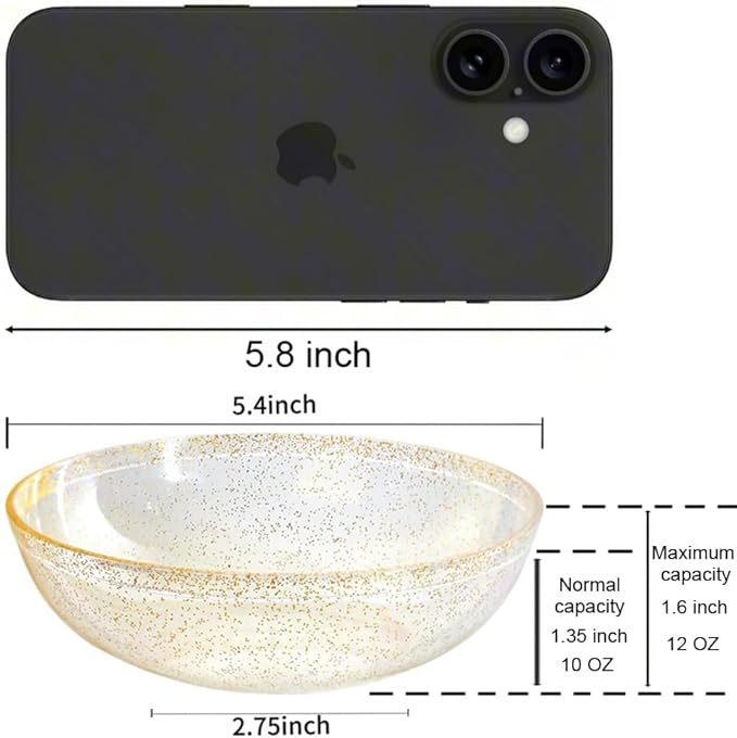 bUCLA 50Pack Gold Glitter Plastic Bowls - 10oz Disposable Crystal Salsa/Dessert Bowls for Wedding & Party