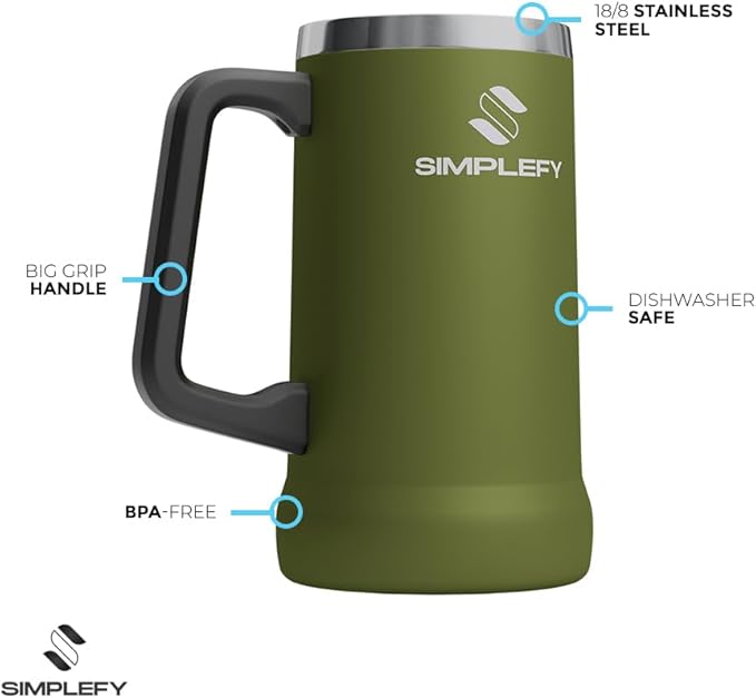 Adventure Beer Stein Mug with Big Grip Handle 24oz Insulated Stainless Steel Tumbler with Large Grip Handle, Keeps Beer Cold for Hours, BPA-Free, Holds 2 Cans, Durable Party Drink Cup