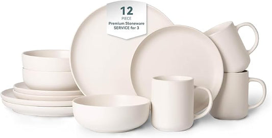 12-Piece Matte White Dinnerware Set,Stoneware Dinnerware for 3, Microwave & Dishwasher Safe, Stackable Design for Kitchen and Dining - Plates,Bowls and Mugs