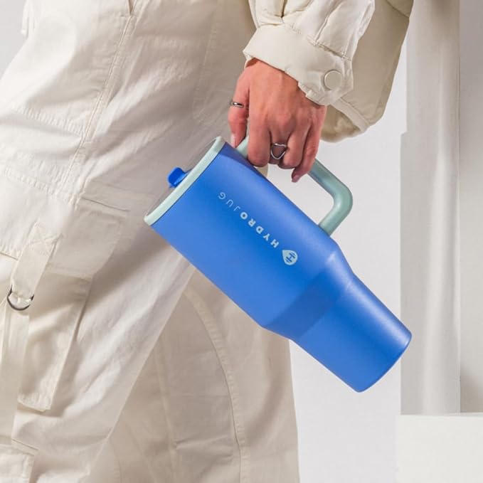 HydroJug Traveler - 40 oz Water Bottle with Handle & Flip Straw - Fits in Cup Holder, Leak Resistant Tumbler-Reusable Insulated Stainless Steel & Rubber Base - Gifts for Women & Men, Riptide