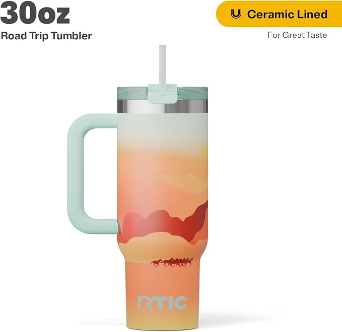 RTIC 30 oz Road Trip Tumbler Double-Walled Ceramic Lined InsulatedStainless Steel Portable Travel Coffee Mug Cup with Lid, Handle and Straw, Desert Sunset
