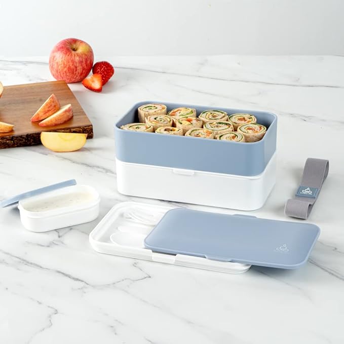 Restaurantware Bento Tek 40.5 Ounces Stackable Lunch Box 1 Reusable Adult Lunch Container - With Utensils Included Sauce Cup Blue & White Plastic Layered Lunch Box Microwavable Dishwashable