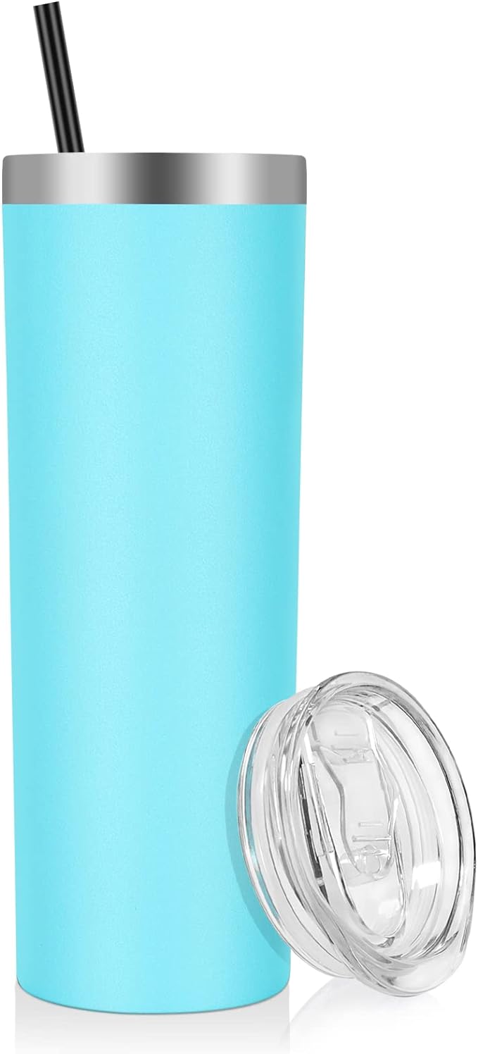 VEGOND Stainless Steel Skinny Tumbler, 20 oz Vacuum Insulated Tumbler with Lid and Straw, Double Wall Coffee Cup, Travel Mug for Cold Hot Drinks, Blue 1 Pack