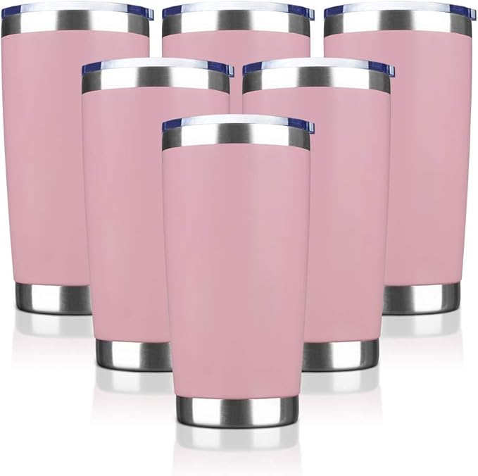 20oz Tumbler Stainless Steel Vacuum Insulated Mug with Lid, Double Wall Travel Mug, Durable Powder Coated Coffee Cup, Suitable for Ice Drinks and Hot Beverage (Pink 6pack)