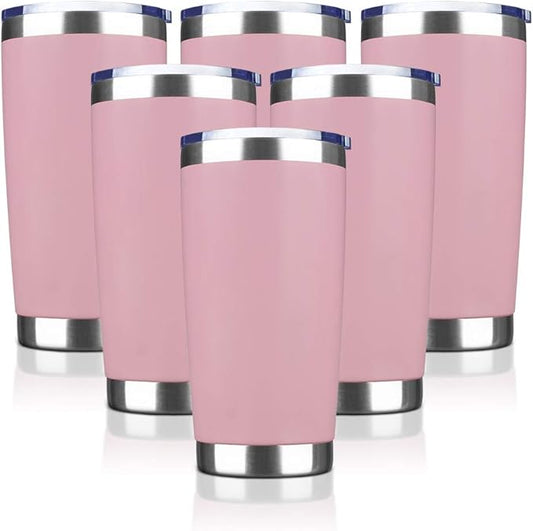 20oz Tumbler Stainless Steel Vacuum Insulated Mug with Lid, Double Wall Travel Mug, Durable Powder Coated Coffee Cup, Suitable for Ice Drinks and Hot Beverage (Pink 6pack)