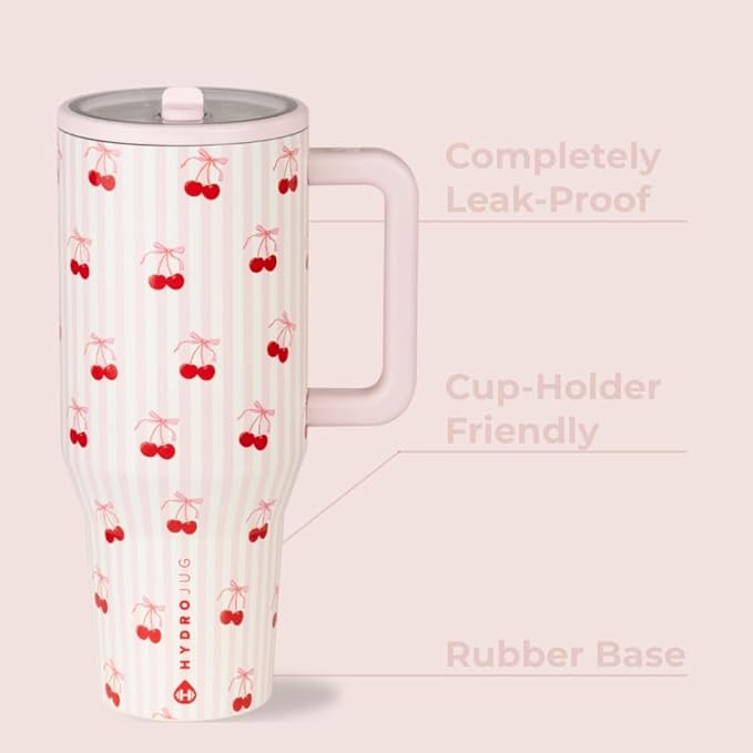 HydroJug Traveler - 32 oz Water Bottle with Handle & Flip Straw - Fits in Cup Holder, Leak Resistant Tumbler-Reusable Insulated Stainless Steel & Rubber Base - Gifts for Women & Men, Sweet Cherry