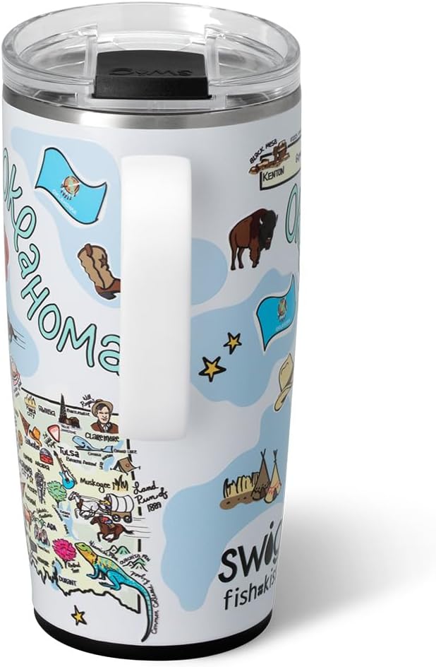 Swig Life 22oz Travel Mug, Insulated Tumbler with Handle and Lid, Travel Coffee Mug, Cup Holder Friendly, Stainless Steel 22 oz Tumbler, Reusable Insulated with Lid (Oklahoma)