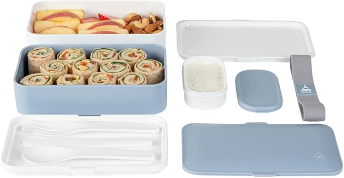 Restaurantware Bento Tek 40.5 Ounces Stackable Lunch Box 1 Reusable Adult Lunch Container - With Utensils Included Sauce Cup Blue & White Plastic Layered Lunch Box Microwavable Dishwashable