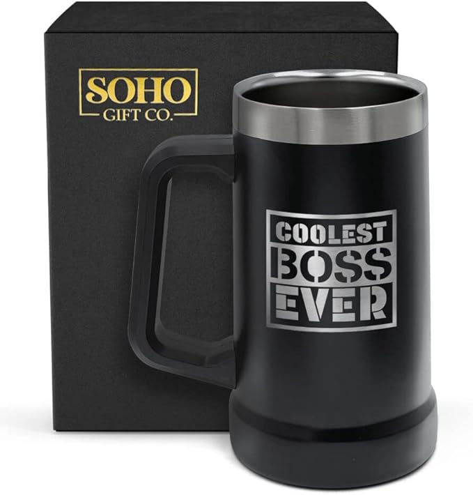 GALVANOX Stainless Steel Beer Mug Gift for Boss - Insulated XL 24oz Large Beer Stein Cup with Handle for Christmas/Office Appreciation Day, Gift Boxed “Coolest Boss Ever”