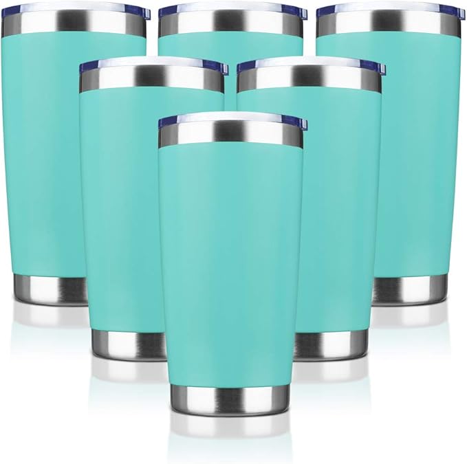 20oz Tumbler Bulk Stainless Steel Vacuum Insulated Tumblers with Lid Double Wall Travel Mug, Powder Coated Coffee Cup, Suitable for Ice Drinks and Hot Beverage (Light blue 6pack)
