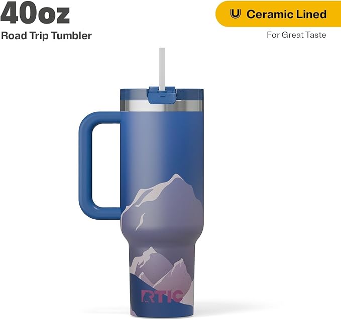 RTIC 40 oz Road Trip Tumbler Double-Walled Cermaic Lined Insulated Stainless Steel Portable Travel Coffee Mug Cup with Lid, Handle and Straw, Snowy Peak