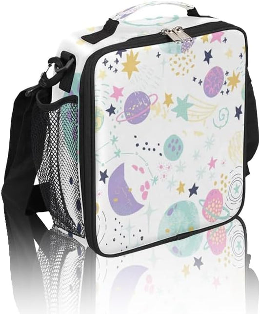 Space Lunch Box for Kids, Cartoon Space Planet Lunch Bag for Boys Girls, Reusable Insulated Waterproof Lunch Box with Adjustable Shoulder Strap Thermal Cooler Tote Bag for School Daycare Picnic