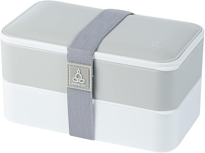 Restaurantware-Bento Tek 40.5 Ounces Stackable Lunch Meal Box, 1 Reusable Adult Lunch Container - With Utensils, Included Sauce Cup, Gray & White Plastic Layered Meal Box, Microwavable, Dishwashable