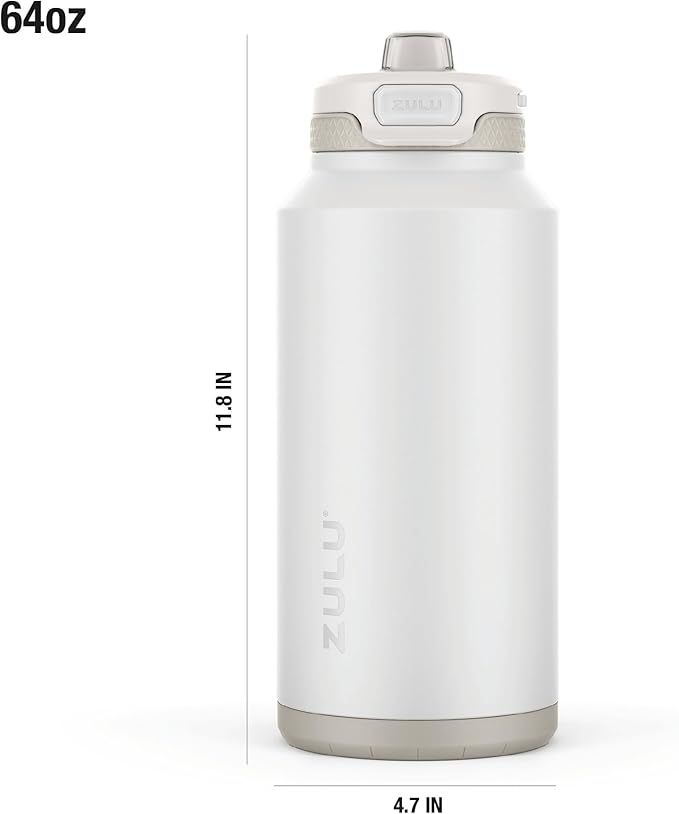 ZULU Powerfill Pro 64oz Half Gallon Stainless Steel Water Bottle with Quick Fill Lid, Triple Walled Vacuum Insulated Metal, Leak Proof Locking Lid, Sip and Chug, Reusable BPA Free, White Monochrome