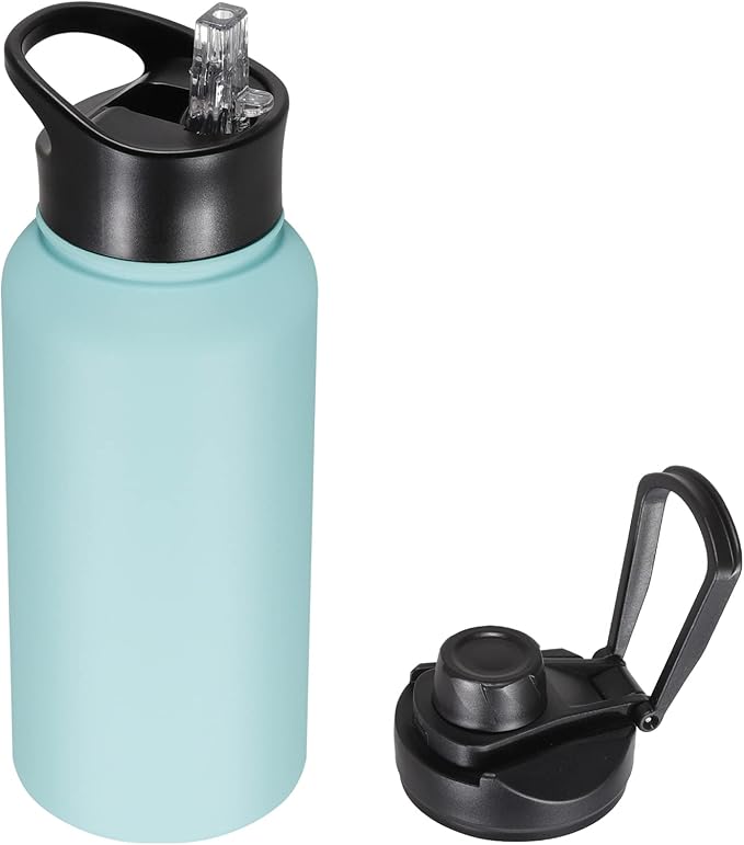 32 oz Insulated Water Bottle with Straw Lid & Wide Mouth Lids, Stainless Steel Sports Water Bottles, Double Walled Vacuum, Leak Proof, Turquoise Blue