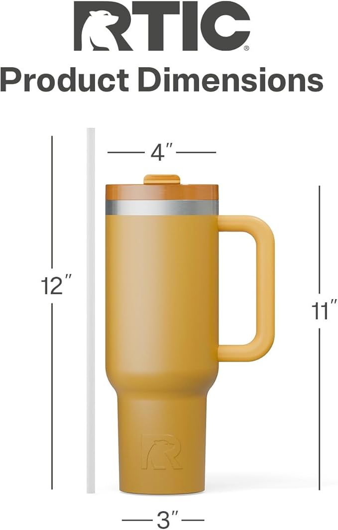 RTIC 40 oz Road Trip Tumbler Double-Walled Cermaic Lined Insulated Stainless Steel Portable Travel Coffee Mug Cup with Lid, Handle and Straw, Harvest