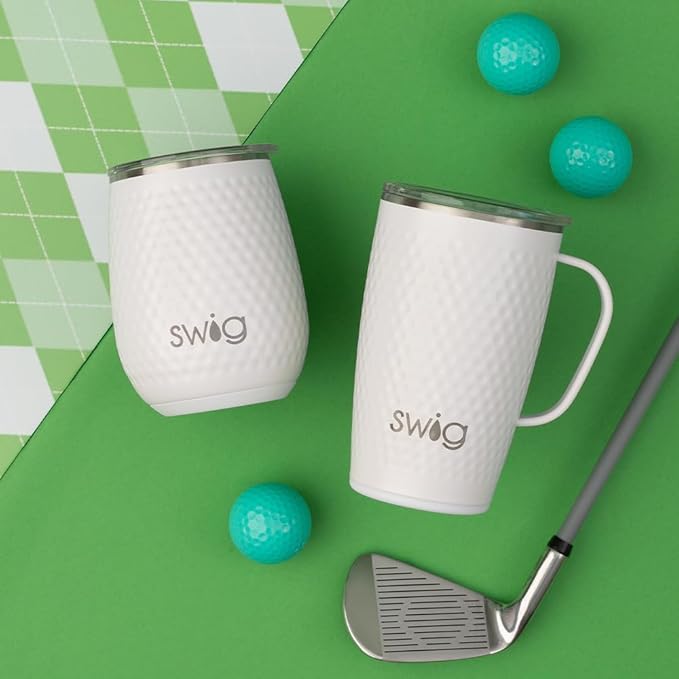 Swig Life 18oz Travel Mug, Insulated Tumbler with Handle and Lid, Cup Holder Friendly, Dishwasher Safe, Stainless Steel, Travel Coffee Cup (Golf Ball)