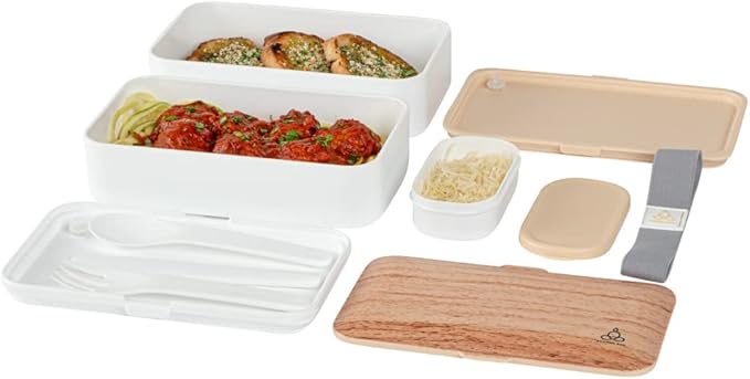 Restaurantware Bento Tek 40.5 Ounces Stackable Lunch Box 1 Reusable Adult Lunch Container - With Utensils Included Sauce Cup Wood Grain & White Plastic Layered Lunch Box Microwavable Dishwashable