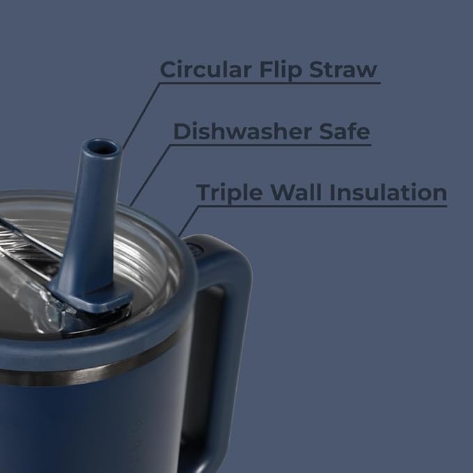 HydroJug Traveler - 40 oz Water Bottle with Handle & Flip Straw - Fits in Cup Holder, Leak Resistant Tumbler-Reusable Insulated Stainless Steel & Rubber Base - Gifts for Women & Men, Midnight