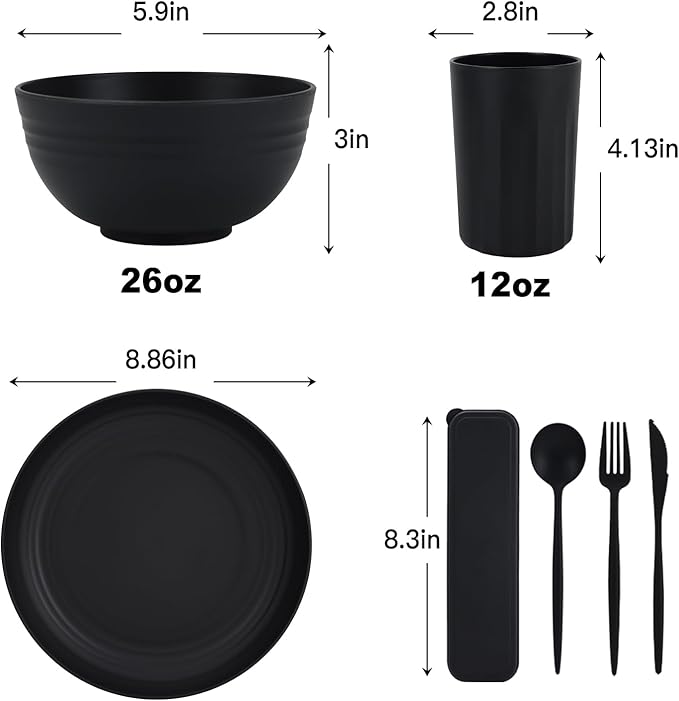 28-Piece Wheat Straw Dinnerware Sets, Microwave & Dishwasher Safe Unbreakable Dinnerware Set, Reusable Dishware Sets, Lightweight Camping Dishes, Plates, Cups, Cereal Bowls for 4（Black）