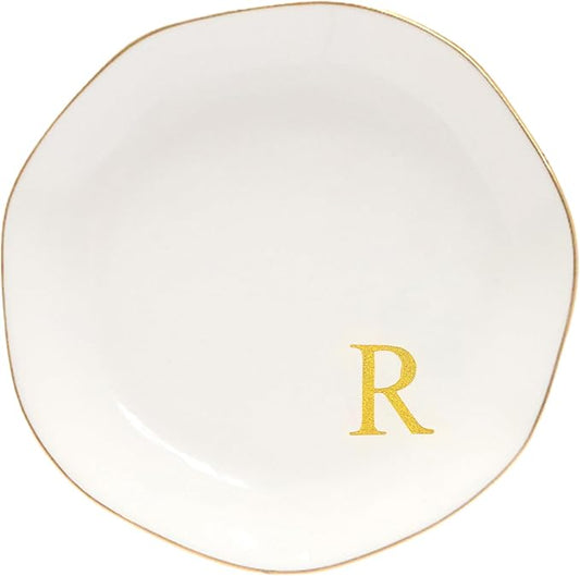 Ceramic Jewelry Tray Initial Ring Dish Personalized R-Monogrammed Engagement Wedding Gifts, for Birthday Mother's Day Christmas for Women, Ceramic White 4.75" (R)