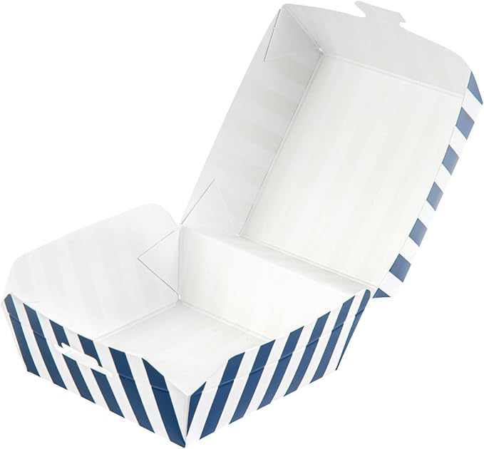 Restaurantware 2.8 x 2.8 x 2 Inch Mini Burger Boxes 100 Clamshell Food Containers - Hinged Lid Striped Blue And White Paper Take Out Boxes Serve Sliders Or Finger Foods