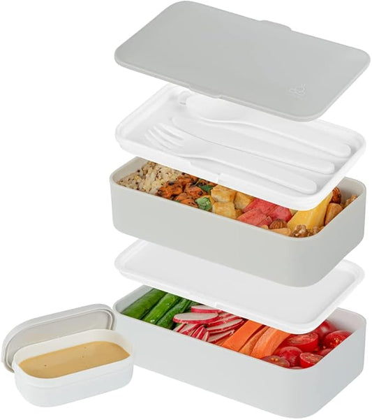 Restaurantware-Bento Tek 40.5 Ounces Stackable Lunch Meal Box, 1 Reusable Adult Lunch Container - With Utensils, Included Sauce Cup, Gray & White Plastic Layered Meal Box, Microwavable, Dishwashable