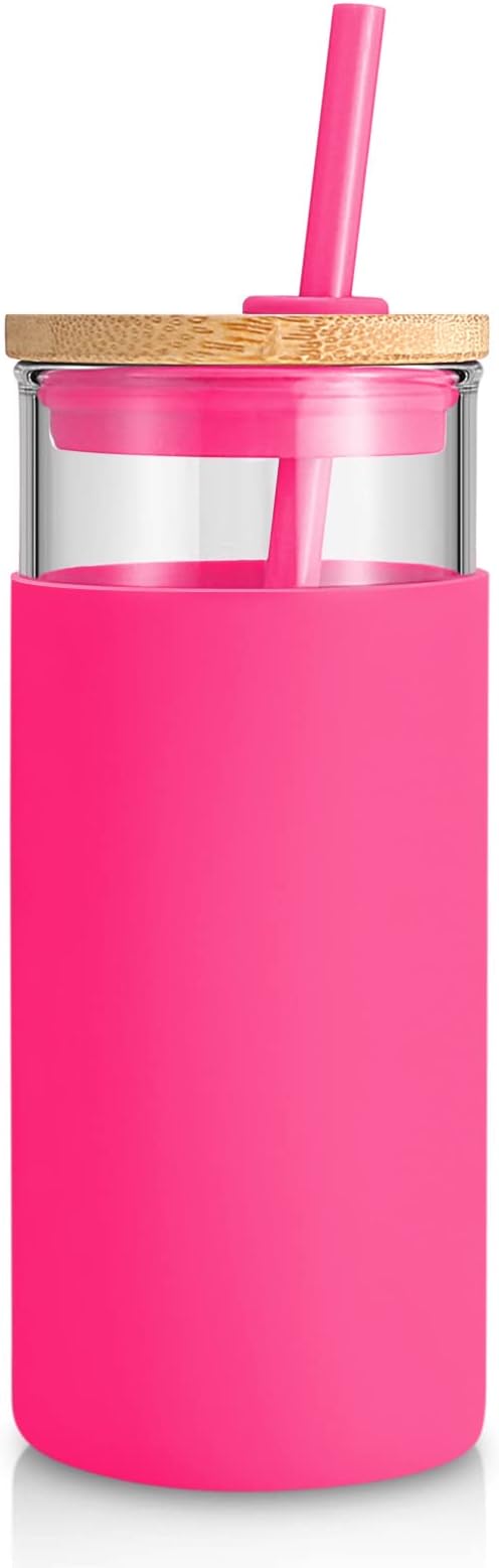 Tronco 20 oz Glass Tumbler with Lid and Straw, Iced Coffee Cup and Smoothie Cup with Bamboo Lids & Protective Silicone Sleeve, Dishwasher Safe, BPA-Free, Glass Cup 1 Pack