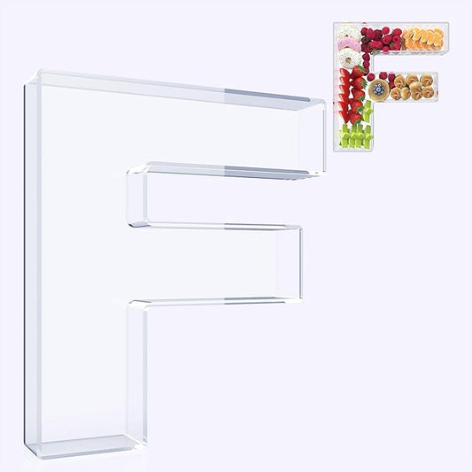 11" Acrylic Letter Charcuterie Box, Reusable Fillable Alphabet Number Shaped Form Tray for Birthday Anniversaries, Party Decorative Serving Plates Display Candy Cake (F)