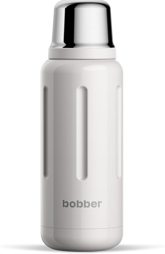 BOBBER 34 oz Stainless Steel Travel Thermos for Hot and Cold Drinks – Dishwasher Safe Metal Water Bottle with Cup Lid – Keeps Hot for 48 Hours – BPA-Free, Vacuum Insulated (Sand Grey)