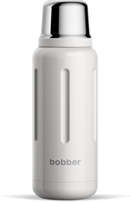 BOBBER 34 oz Stainless Steel Travel Thermos for Hot and Cold Drinks – Dishwasher Safe Metal Water Bottle with Cup Lid – Keeps Hot for 48 Hours – BPA-Free, Vacuum Insulated (Sand Grey)