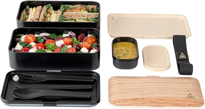 Restaurantware Bento Tek 40.5 Ounces Stackable Lunch Box 1 Reusable Adult Lunch Container - With Utensils Sauce Cup Wood Grain & Black Plastic Layered Lunch Box Microwavable Dishwashable