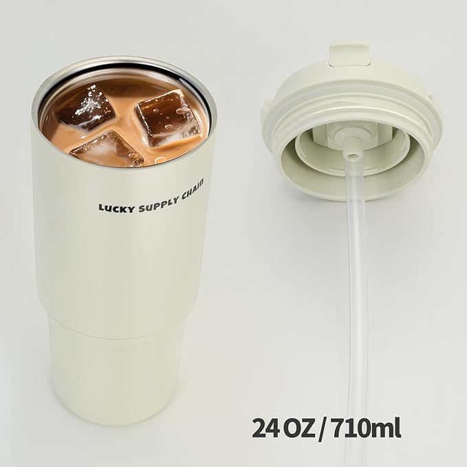 Water Bottle 24 Oz/Stainless Steel Tumbler with Straw - Vacuum Insulated Water Bottle 24 Oz for Home, Office or Car Reusable Cup With straw，Cold for 12 Hrs or Iced for 24 Hrs(White)