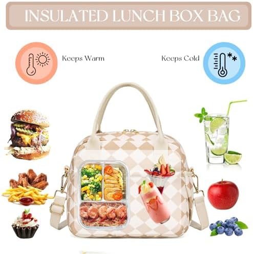 CAMTOP Lunch Box for Women Insulated Lunch Bag Lunchbox Cooler Thermal Leakproof Quilted Reusable Lunch Tote Bag for Work School Travel Picnic (Brown-White Check)