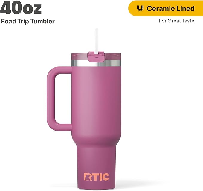 RTIC 40 oz Road Trip Tumbler Double-Walled Cermaic Lined Insulated Stainless Steel Portable Travel Coffee Mug Cup with Lid, Handle and Straw, Orchid