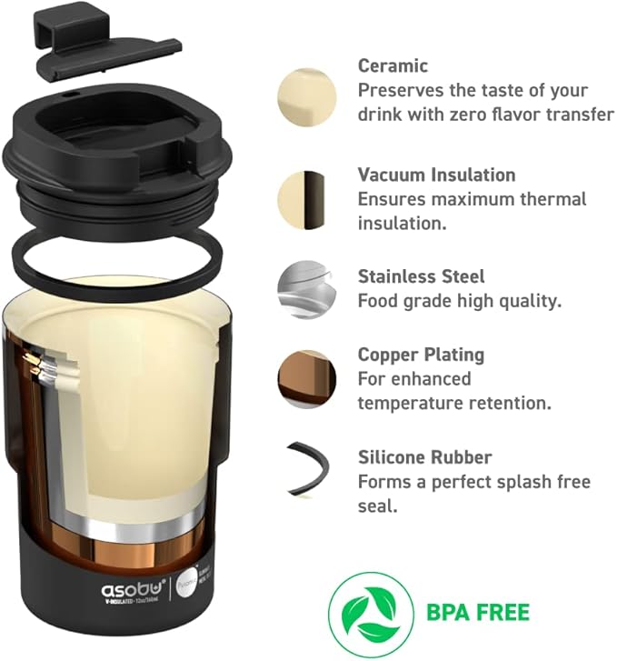 asobu Travel Mug Ceramic Coated Stainless Steel Insulated with Leak and Spill Proof Lid – Fits Standard Cup Holders 12 oz Tumbler (Black)