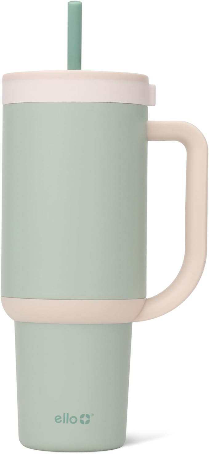 Ello Oasis 40 oz Tumbler with Handle & Retracting Straw | Reusable Insulated Stainless Steel Cup 100% Leakproof, Gifts for Teens Women Men | Keeps cold for 20 Hours, Cup Holder Friendly, Pistachio